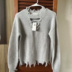 Planet Gold Light Gray Distressed Sweater